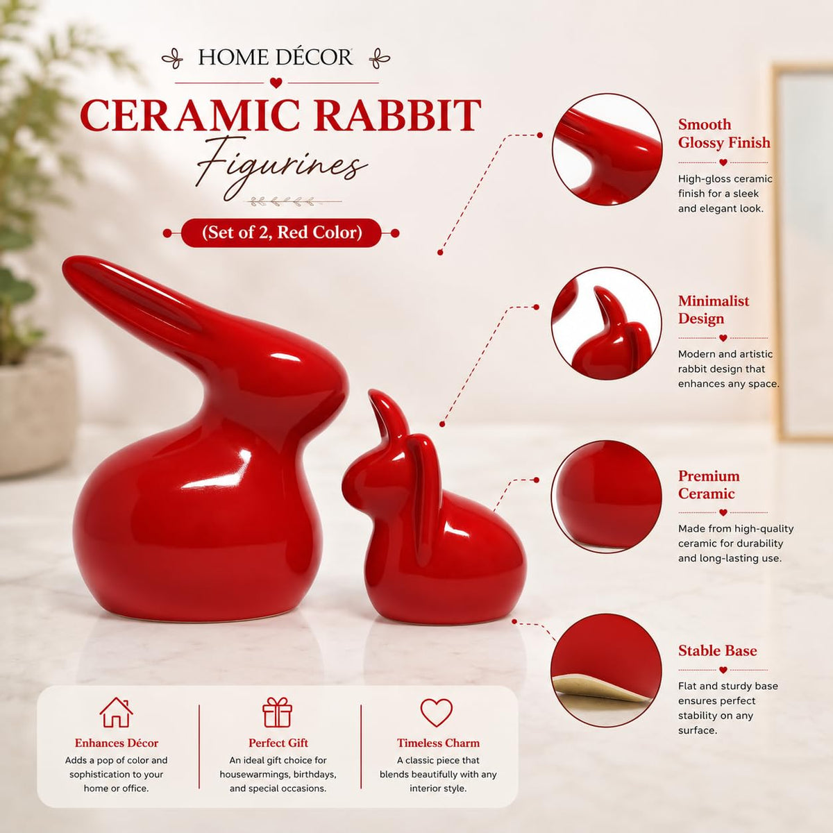 Home Décor Ceramic Rabbit Figurines (Set of 2, Red Color)