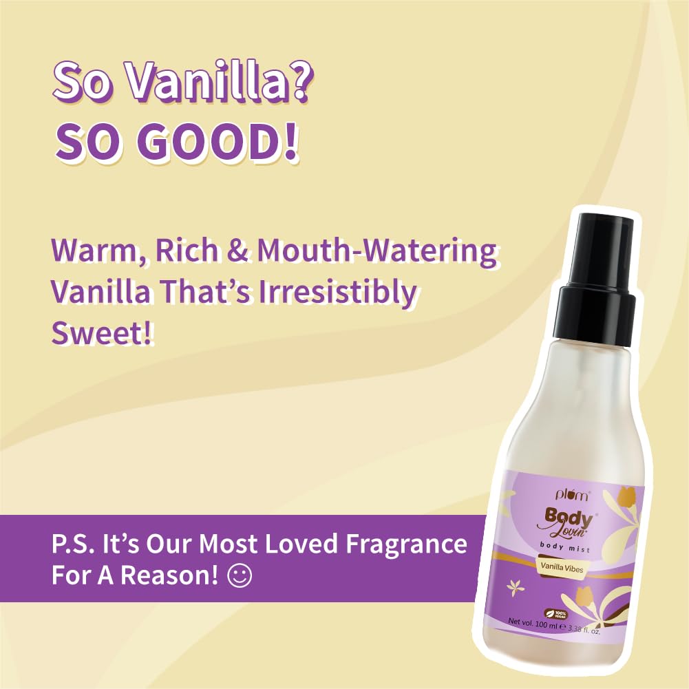 Plum Bodylovin' Vanilla Vibes Body Mist for Women | Long Lasting Vanilla Fragrance with Warm & Cozy Vanila Scent | High on Fun | Travel Friendly Perfume Body Spray - 100ml