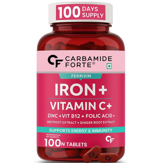 Carbamide Forte Iron Supplement for Women & Men | Folic Acid Tablets with Vitamin C, B12, Zinc | 100 Veg Iron Tablets for Women & Men