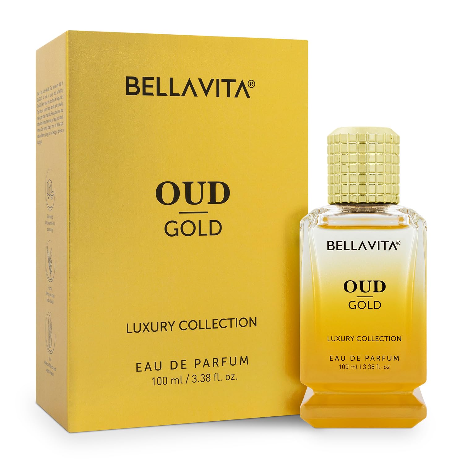 Bellavita Oud Gold eau de parfum bottle and packaging on a white background