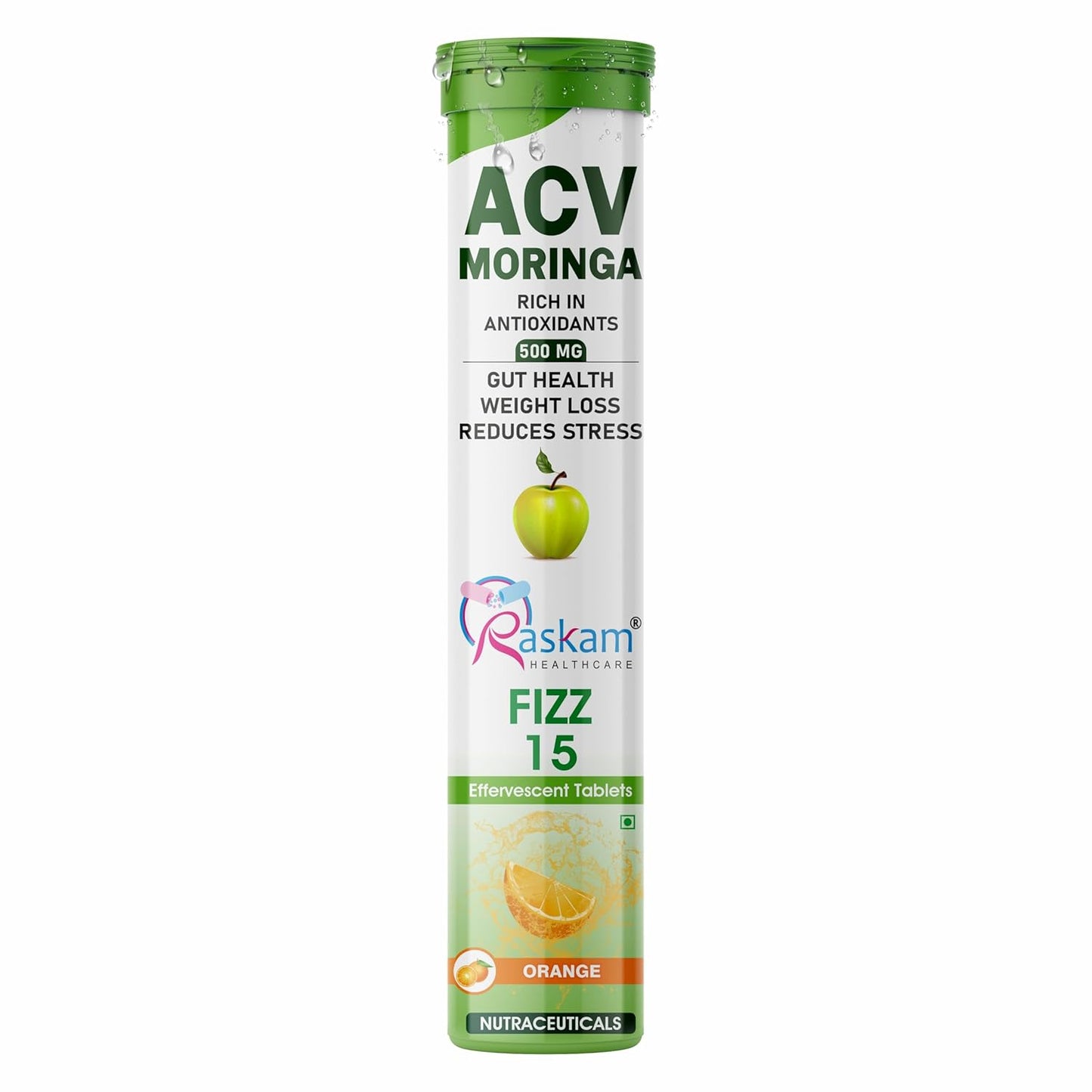 ACV Moringa Antioxidant Effervescent Tablets | Fizz 15 Effervescent Tablets (Pack of 1) |Orange Flavour, 500mg | Natural Liver Detox and Gut Health