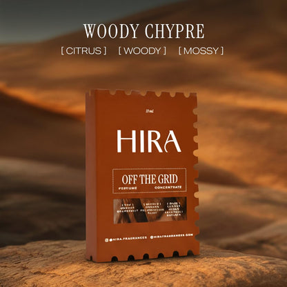 HIRA perfume concentrate packaging with desert background