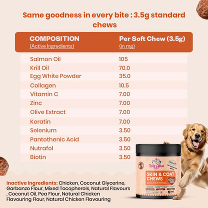 TailsAlive  Omega 3 & 6, Salmon Oil Skin & Coat Supplement for Dogs | with Krill Oil, Biotin, Collagen & Zinc | Promotes Shiny, Healthy Coat | 60 Soft Chews
