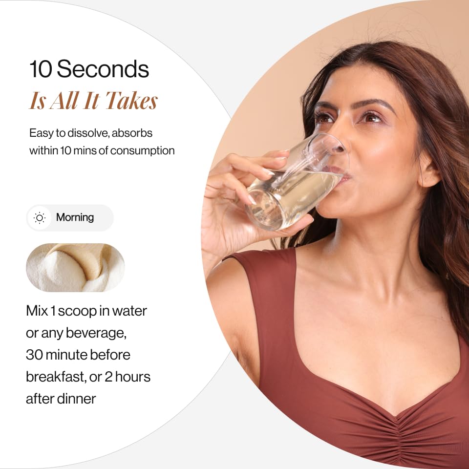 Woman drinking a glass of water with product usage instructions on a beige background