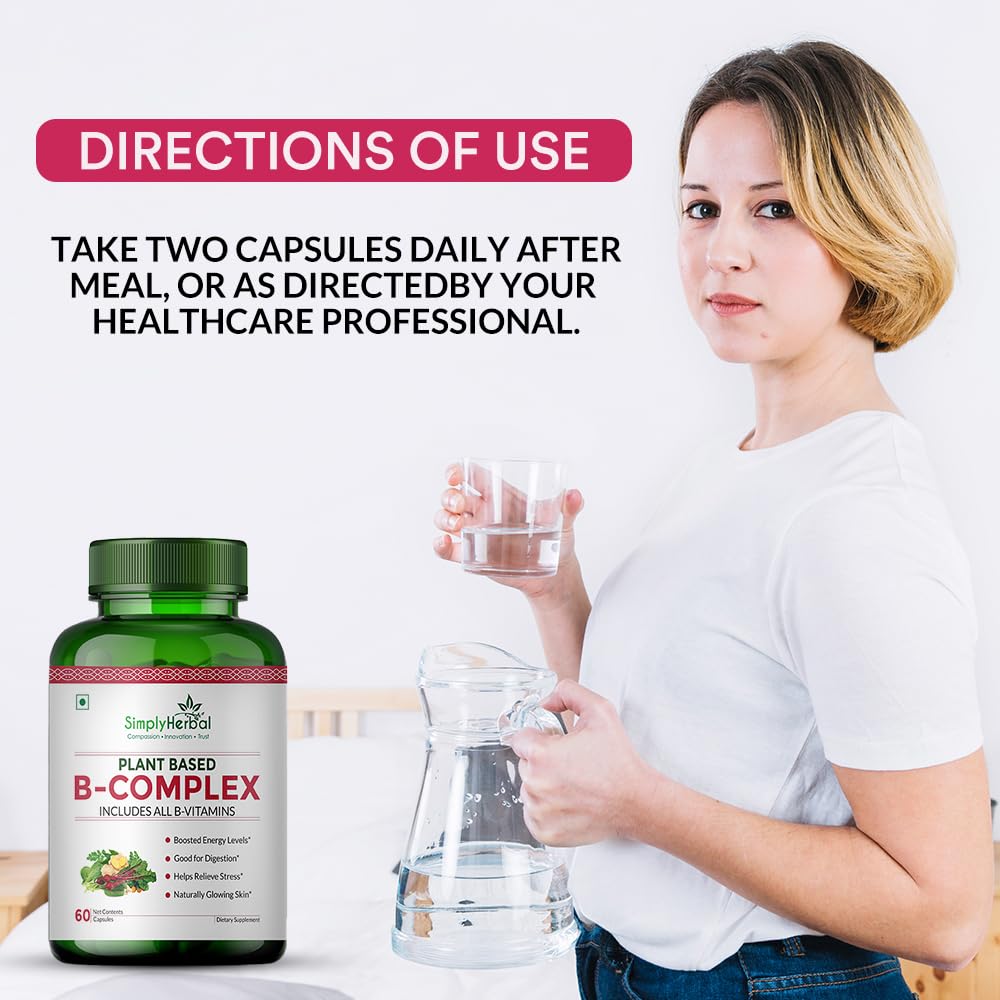 Simply Herbal Plant Based Vitamin B Complex Capsules, B-Complex Vitamin B1, B2, B3, B5, B6, B7, B9 & B12 | Supports Healthy Blood Cells, Metabolism & Improve Body Energy Level, 60 Capsules
