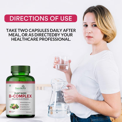 Simply Herbal Plant Based Vitamin B Complex Capsules, B-Complex Vitamin B1, B2, B3, B5, B6, B7, B9 & B12 | Supports Healthy Blood Cells, Metabolism & Improve Body Energy Level, 60 Capsules