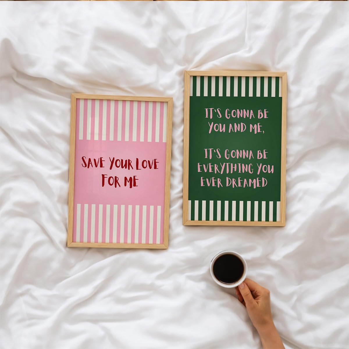 Aesthetic Quote Wall Art Set of 2 Framed Paintings | Pink Green Striped Typography Poster | Couple Bedroom Living Room Home Décor (Art 5, 10x13 Inches)