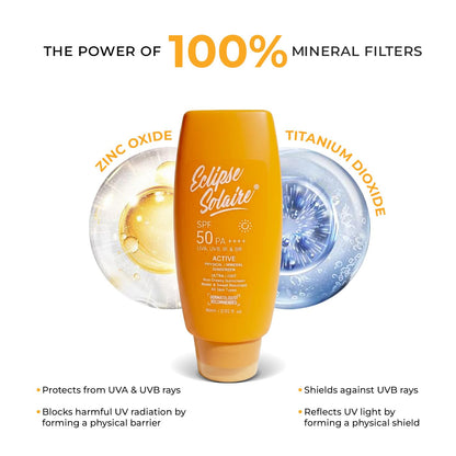 Eclipse Solaire Active Physical / Mineral Sunscreen SPF50 PA++++ | Clinically Tested | No White Cast | Broad Spectrum UVA/UVB & Blue Light Shield | Non-Greasy Sunscreen SPF 50 For All Skin Types – 60ml.