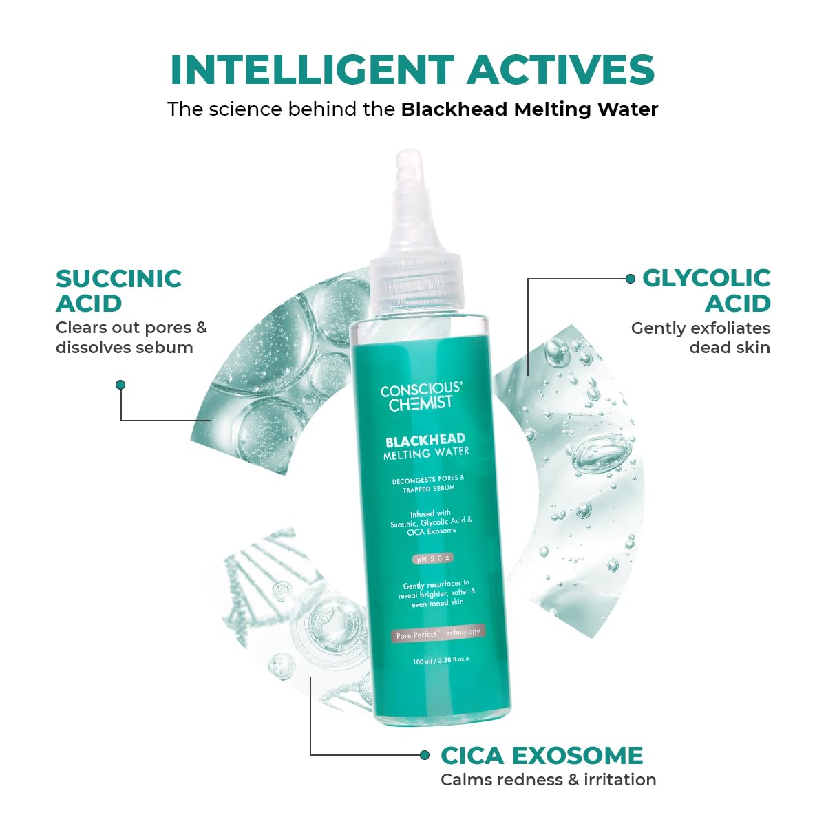 Conscious Chemist Blackhead Melting Water bottle with labeled active ingredients on a white background