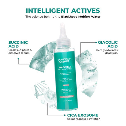 Conscious Chemist Blackhead Melting Water bottle with labeled active ingredients on a white background