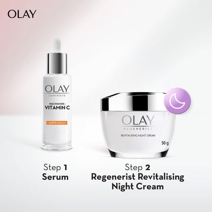 Olay skincare products including serum and night cream on a white background