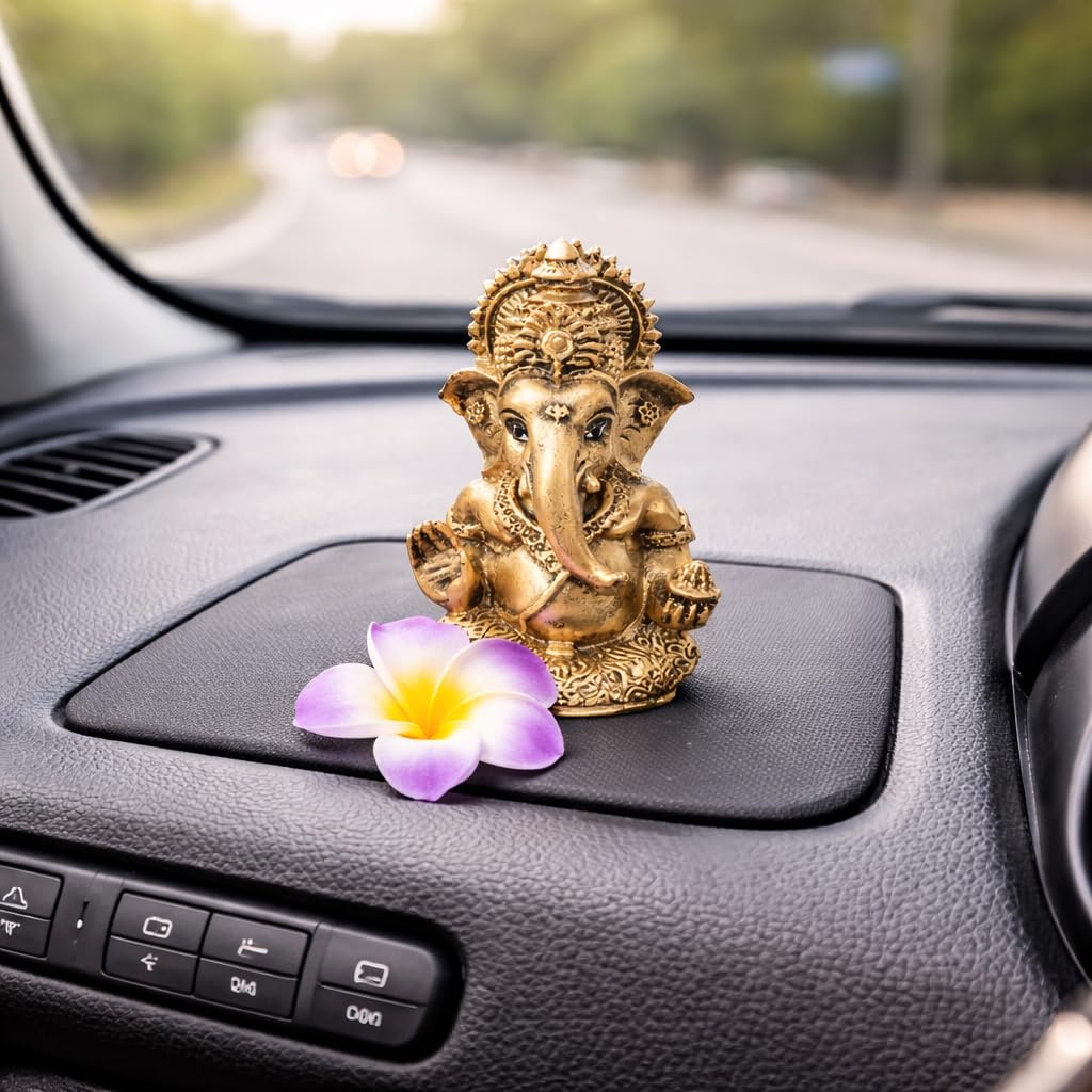 Classic Antique Gold Ganesha Idol with Decorative Foam Flower – 3.5 Inch Handcrafted Polyresin Ganpati for Car Dashboard, Home Mandir & Office – Metallic Finish Auspicious Gift (Antique Gold)