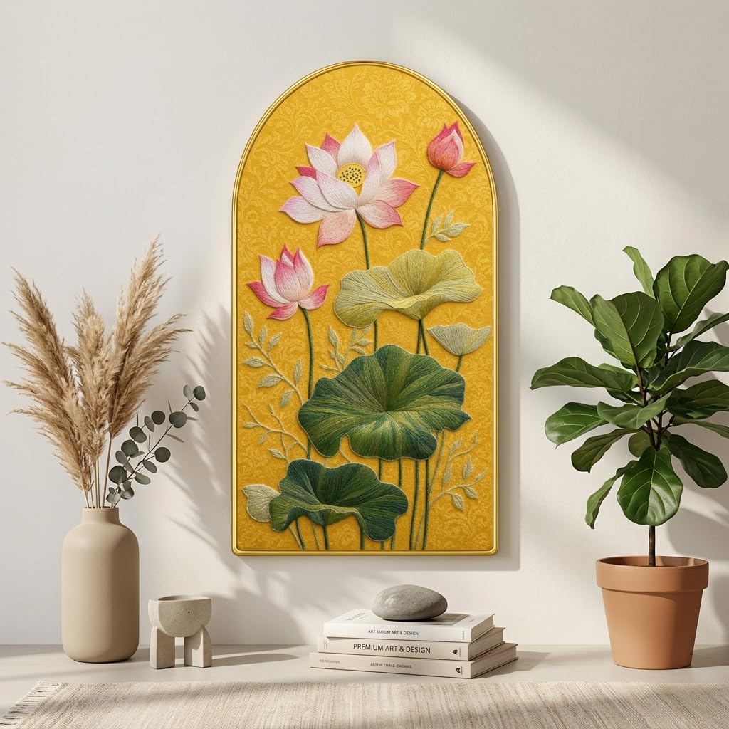Lotus Flower Wall Painting for Living Room, Yellow Botanical Artwork with PVC Golden Frame, Premium Decorative Wall Art for Home, Bedroom, Office & Gift (30 x 16 Inch) RPNL-01-90