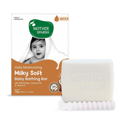 Mother Sparsh Milky Baby Bathing Soap Bar - 75g | Hypoallergenic pH 5.5 | Tear-Free Formulation | Prevents Dryness
