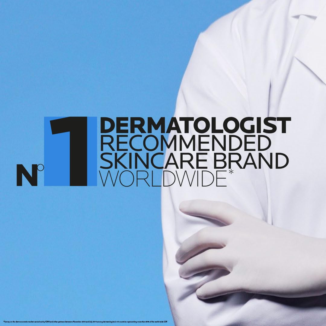 Advertisement for a dermatologist-recommended skincare brand with a doctor in a white coat and gloves against a blue background.