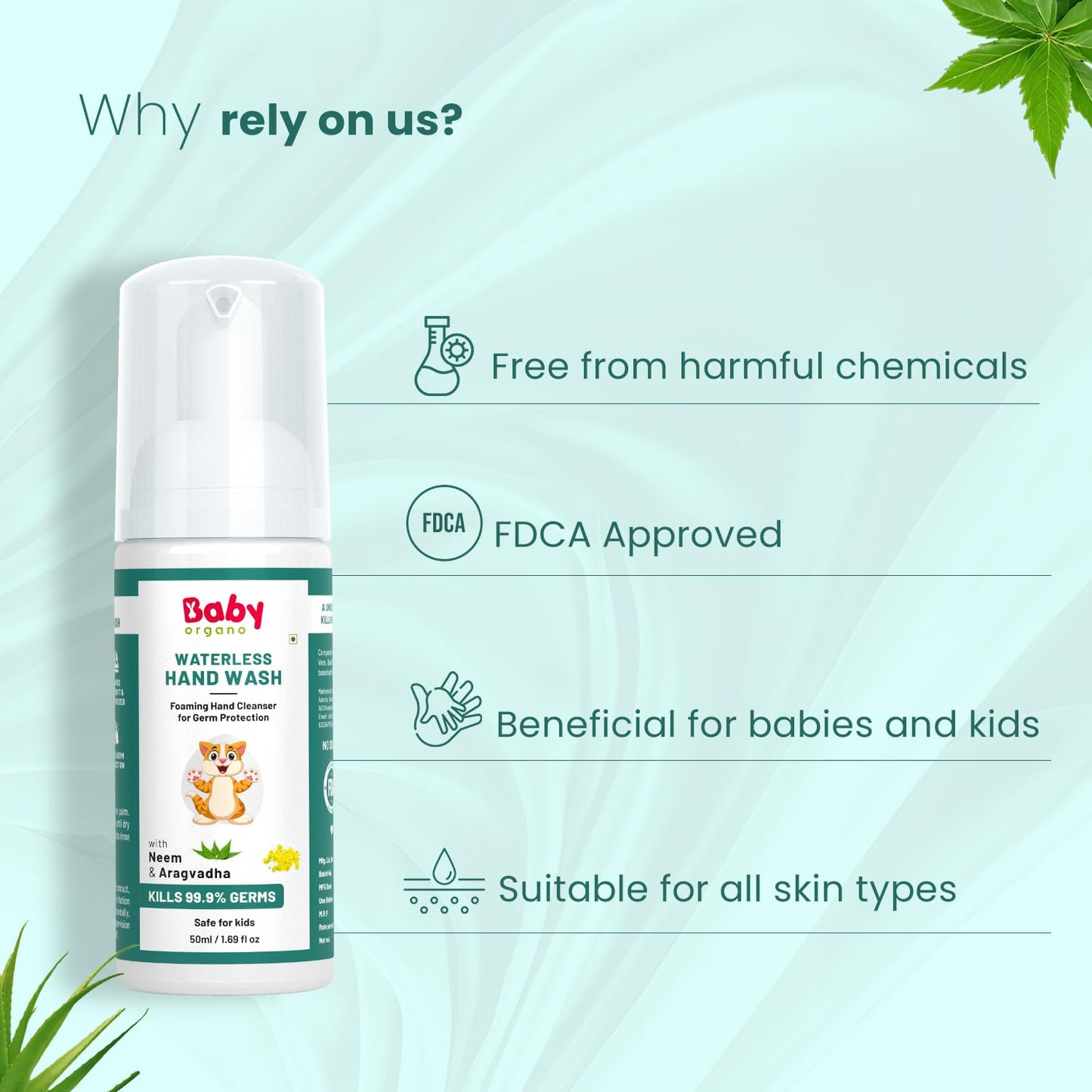 BabyOrgano Waterless Foaming Hand Wash for Kids 0+ Years | Kills 99.9% Germs | No Rinse Needed | Neem, Tulsi & Aloe Vera | Alcohol Free | Paraben Free | FDCA Approved | 50ml (Pack of 1)