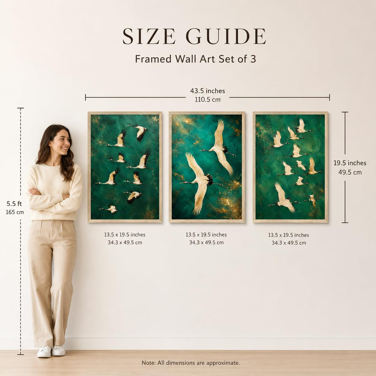 Set of 3 Flying Crane Birds Wall Painting for Living Room Bedroom Hall Office Decor, Premium Wooden Synthetic Frame Green Artwork Gift (13.5 x 19.5 Inch)