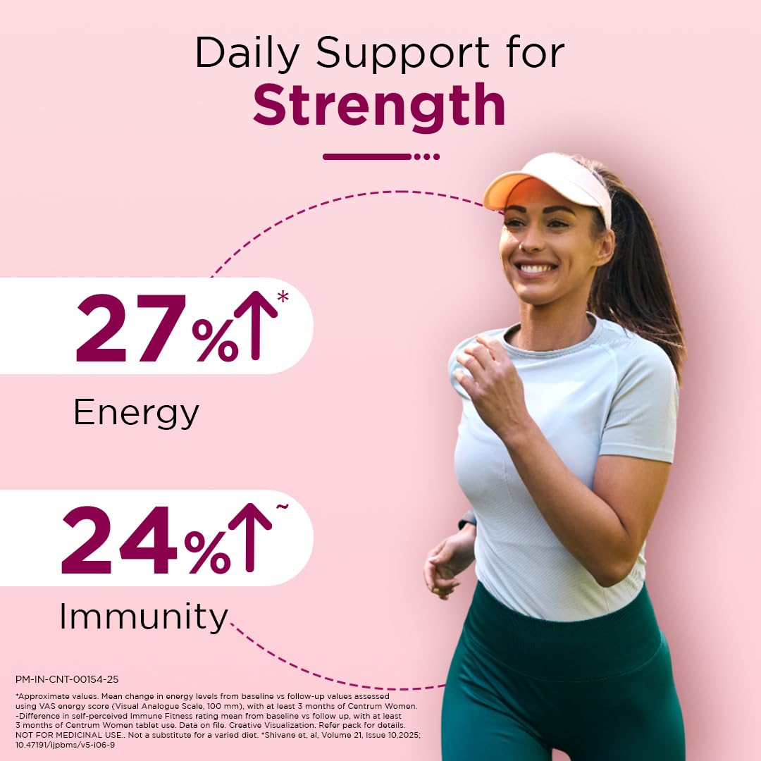 Woman running with fitness supplement information on a pink background