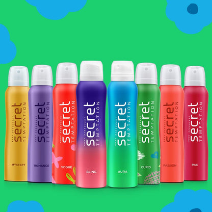 Assorted 'Secret Temptation' deodorant cans on a green background with blue floral shapes.