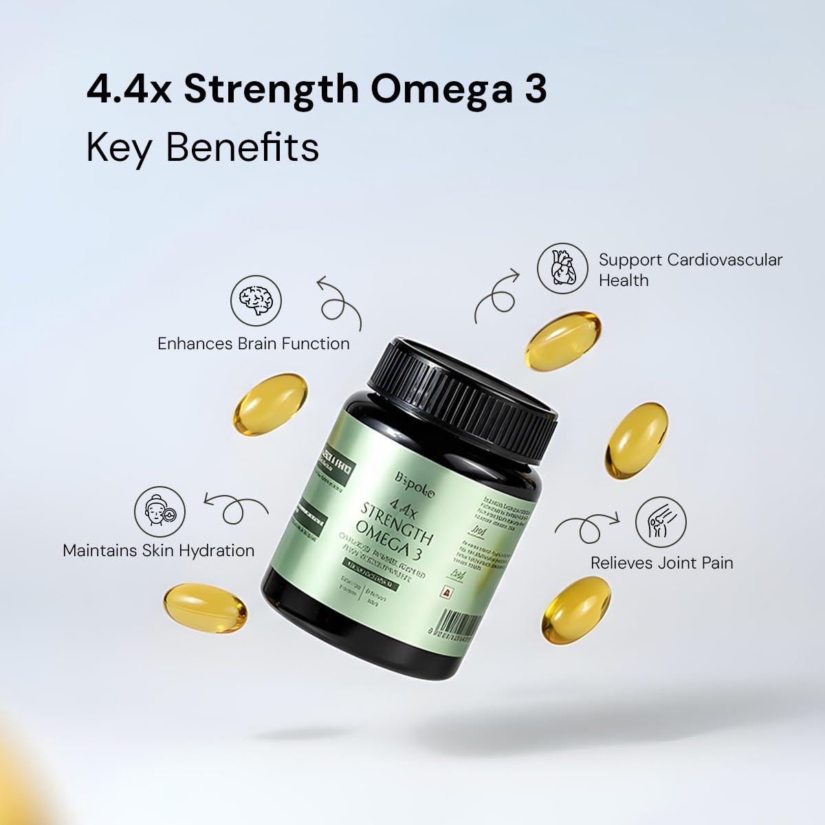 B'spoke 4.4x Strength Omega 3 – High Potency Fish Oil with 40% EPA & 30% DHA | 60 Enteric-Coated Softgels | Heart, Brain & Joint Support | Promotes Healthy Cholesterol, LDL & Triglycerides | Enriched with Vitamin E