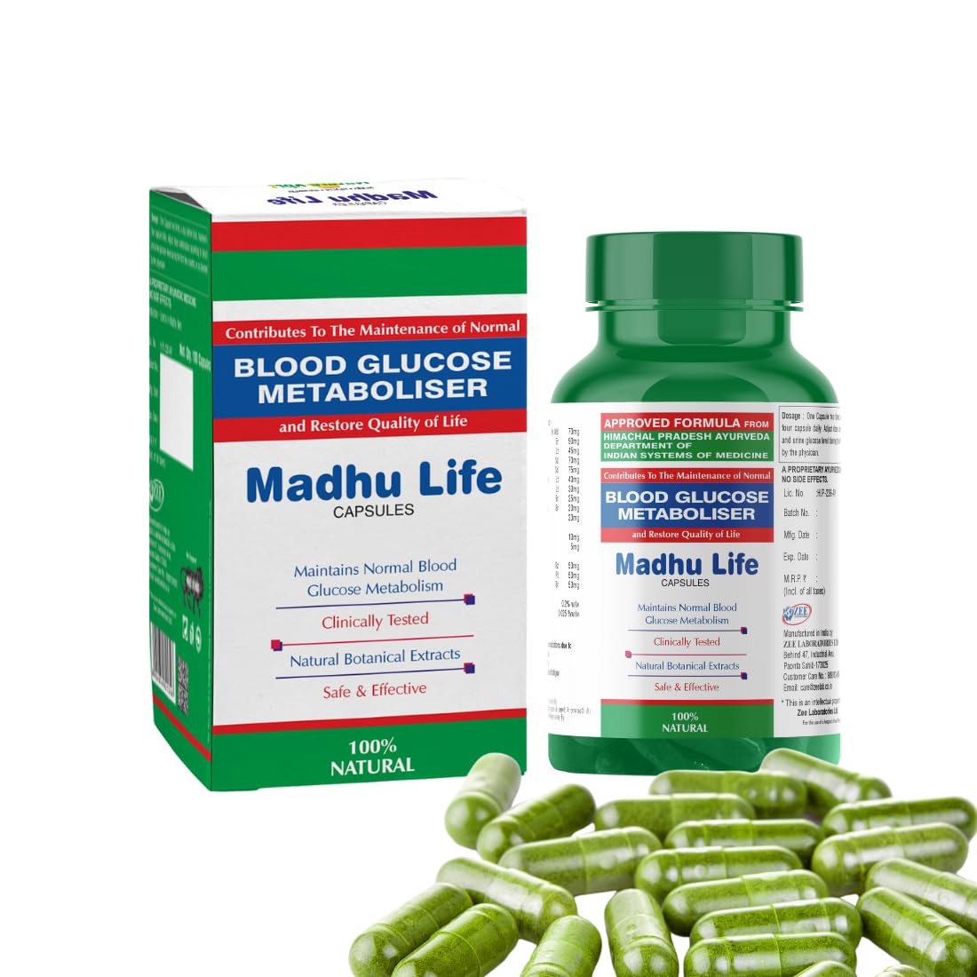 Madhu Life blood glucose metaboliser capsules with packaging on a white background