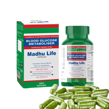 Madhu Life blood glucose metaboliser capsules with packaging on a white background