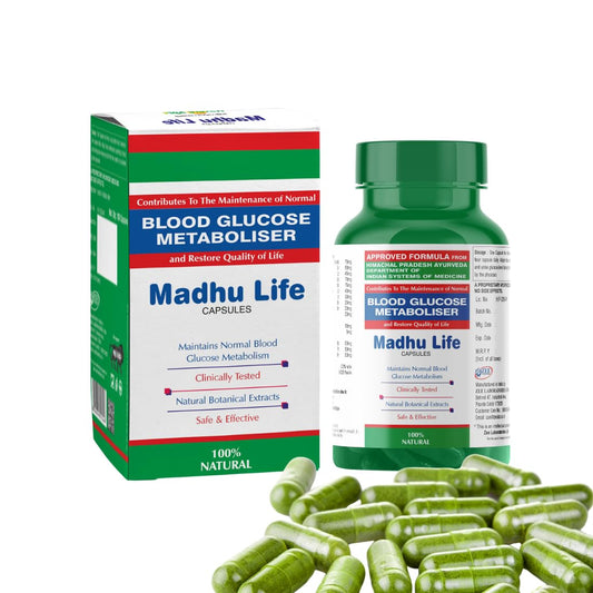 Madhu Life blood glucose metaboliser capsules with packaging on a white background