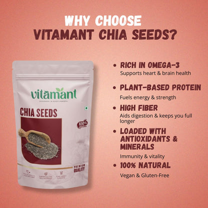 Vitamant Premium Raw Chia Seeds | Natural, Vegan & Gluten-Free | Rich in Omega-3, Fiber & Protein | Energy-Boosting Superfood for Weight Loss & Heart Health – 200g