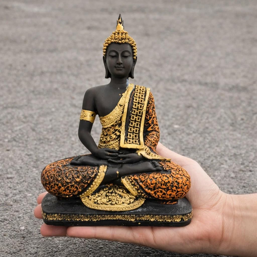9 Inch Resin Meditating Buddha Statue | Handmade Decorative Idol for Home, Living Room, Office, Temple & Spiritual Decor | Black and Orange Gold Murti for Peace, Vastu & Gifting