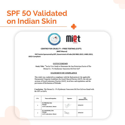 The Derma Co 1% Hyaluronic Sunscreen Oil-Free Matte Gel SPF 50 PA++++ | For Oily, Acne-Prone Skin | Lightweight Texture | No White Cast | Broad Spectrum Protection & Blue Light Protection | Non- Comedogenic 50g