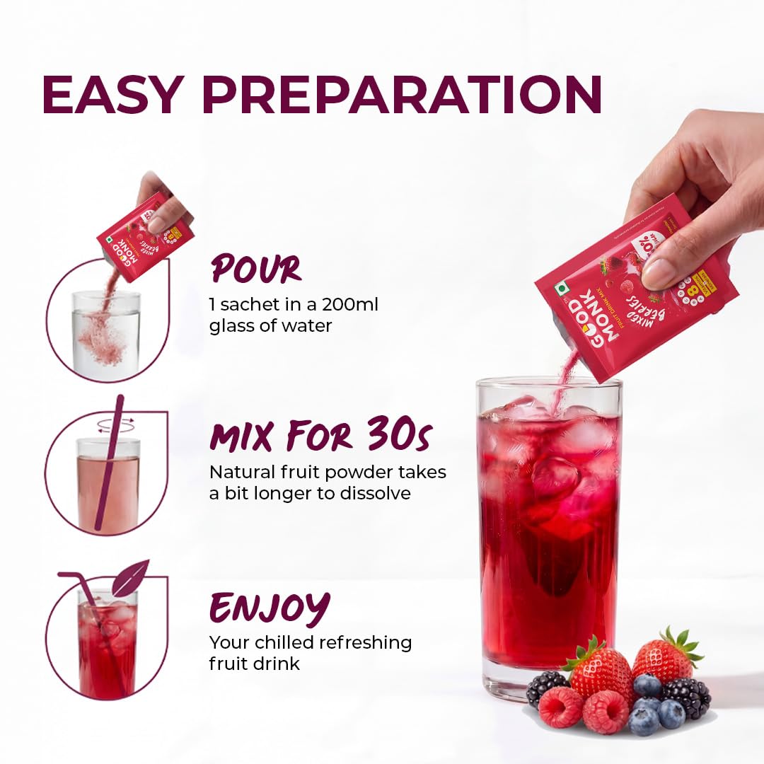 Good Monk Fruit Drink Mix (Assorted - Natural Orange, Mixed Berries, Pineapple Powder), 50% Less Sugar with 8 Vitamins & Minerals. Tasty & Healthy Mix for Hydration, Energy, Immunity. 8x3 = 24 sachets