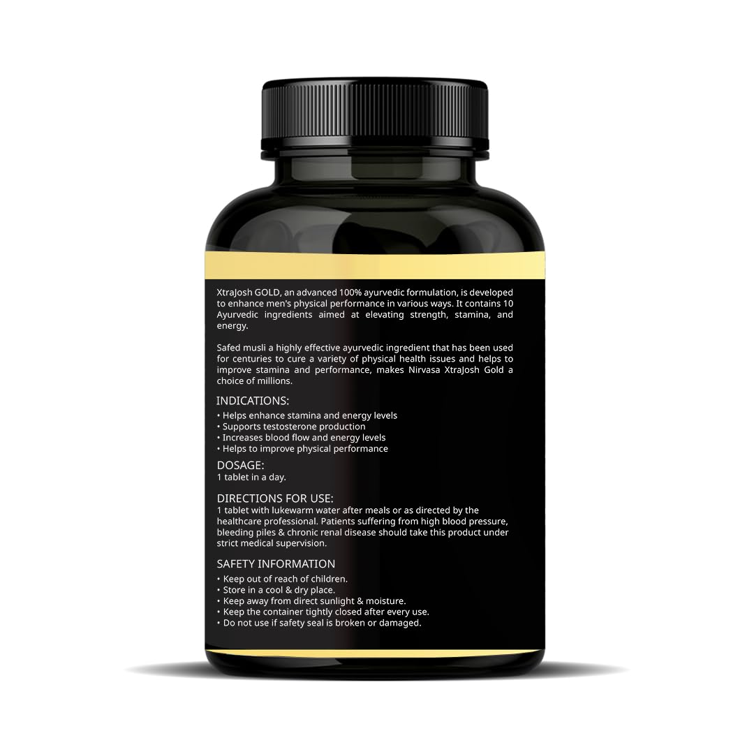 Nirvasa Xtra Josh Gold Tablets (30 Tabs) | Boosts Strength, Stamina, Energy & Performance | Enhances Vitality & Endurance | with Tribulus, Safed Musli, Shilajit, Maca Root & Swarna Bhasma
