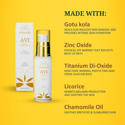 SVARASYA AVI Mineral Sunscreen SPF 50 Pa+++ | 50ml Sunscreen with Zinc Oxide & Titanium Dioxide | UVA, UVB Sun Protection | Lightweight Sun Cream for Men & Women | For Dry & Oily Skin | All Skin types