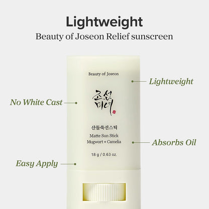 Beauty of Joseon Relief sunscreen stick packaging with features highlighted on a white background