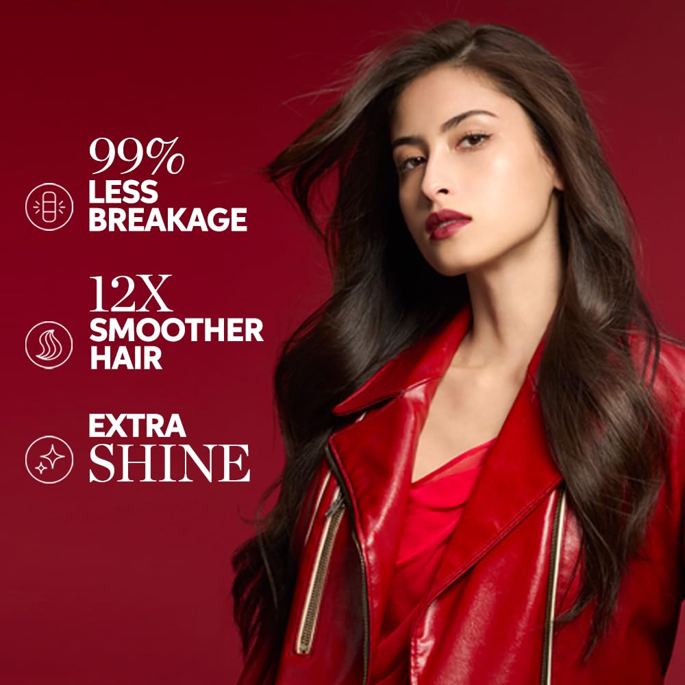 Woman with long, shiny hair wearing a red jacket on a red background with text about hair product benefits.