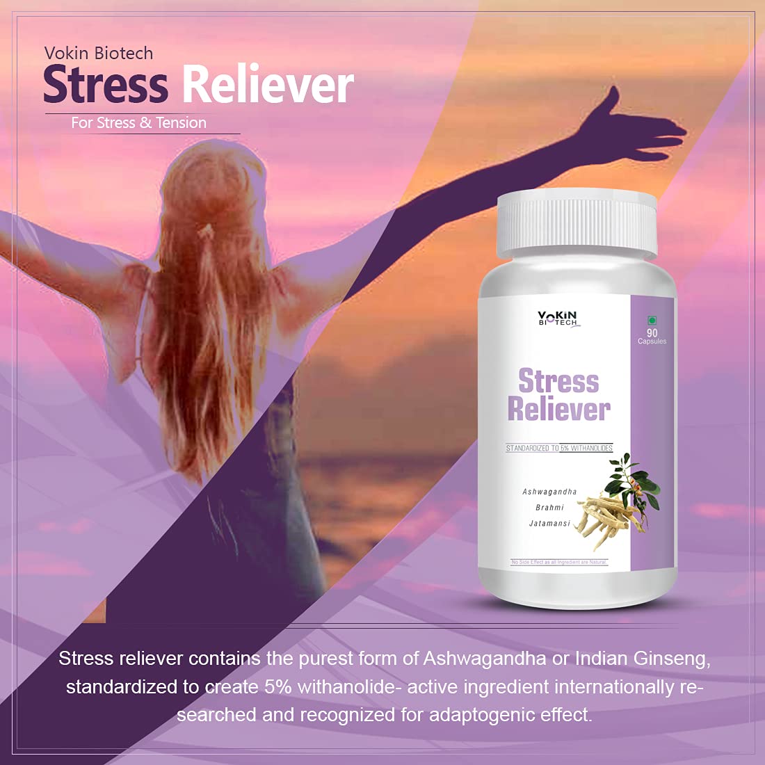 Vakin Biotech Stress Reliever supplement bottle with a woman stretching arms wide against a sunset background