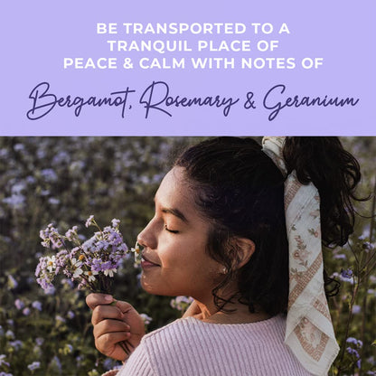 Woman smelling flowers with a tranquil outdoor setting and text about essential oils.