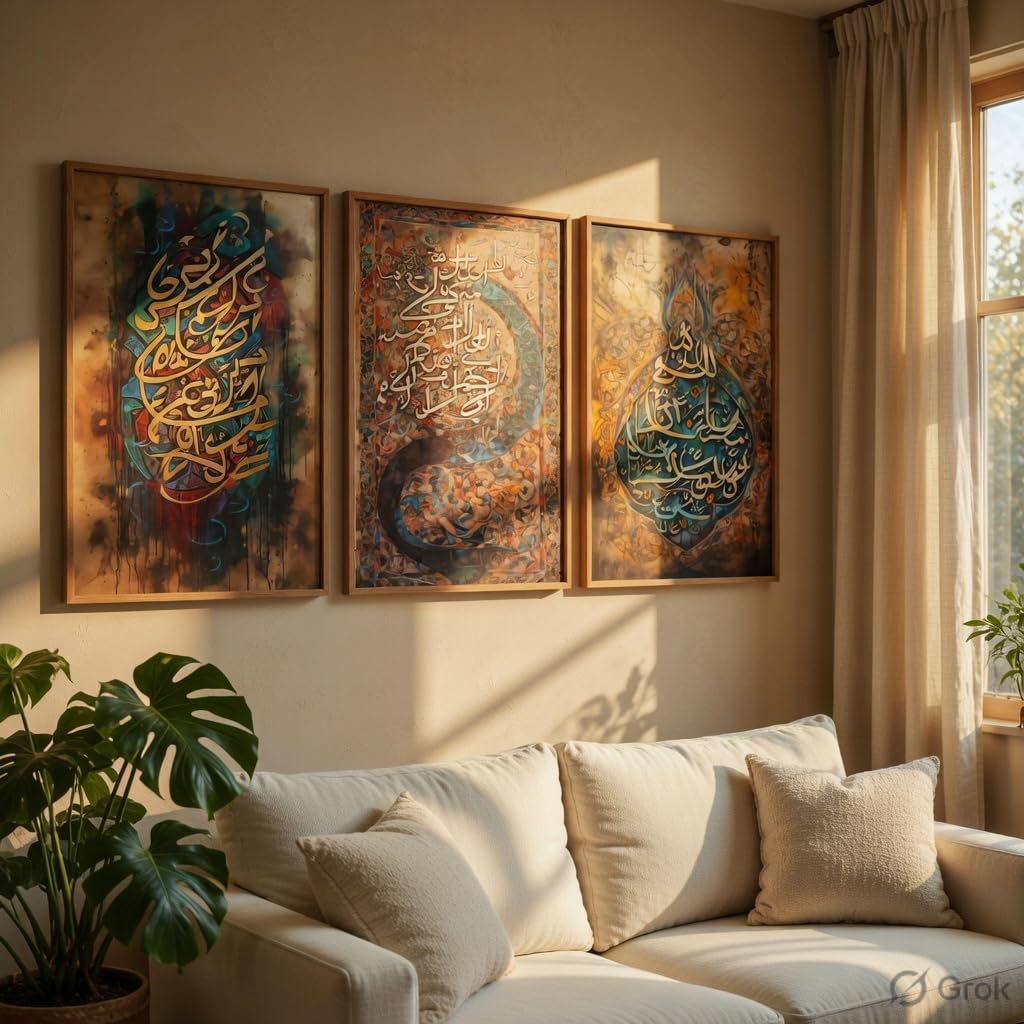 Islamic Calligraphy Wall Painting Set of 3 with Wooden Frames | Arabic Quranic Calligraphy Islamic Wall Art | HD Sparkle Printed MDF Wall Decor for Living Room, Bedroom & Prayer Room