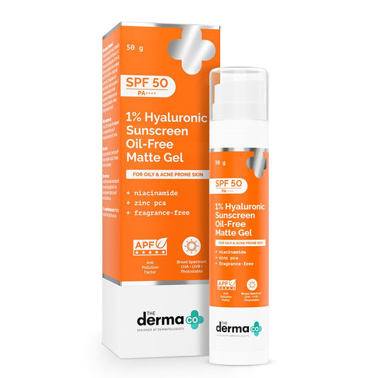 The Derma Co 1% Hyaluronic Sunscreen Oil-Free Matte Gel SPF 50 PA++++ | For Oily, Acne-Prone Skin | Lightweight Texture | No White Cast | Broad Spectrum Protection & Blue Light Protection | Non- Comedogenic 50g