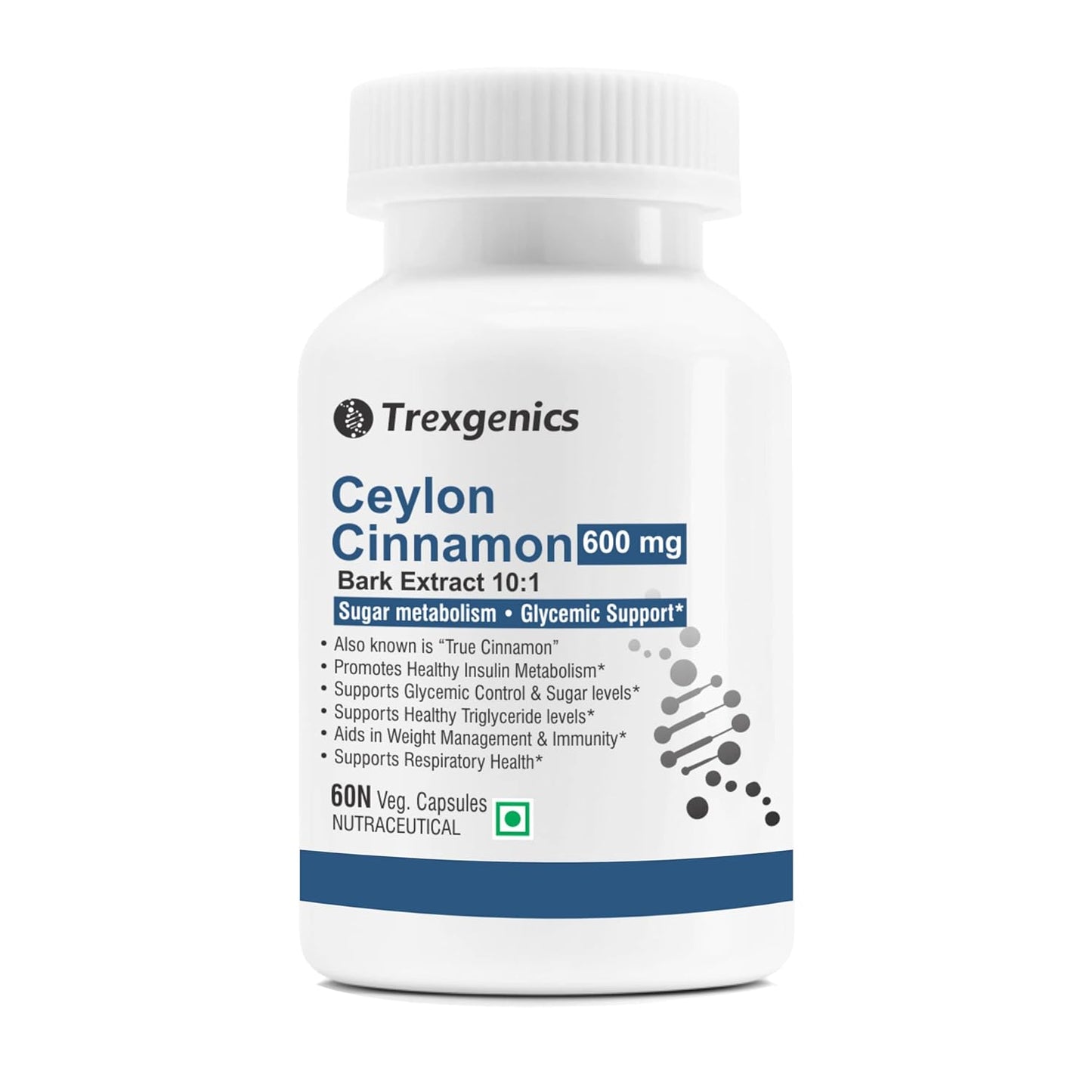Trexgenics Ceylon Cinnamon supplement bottle on a white background