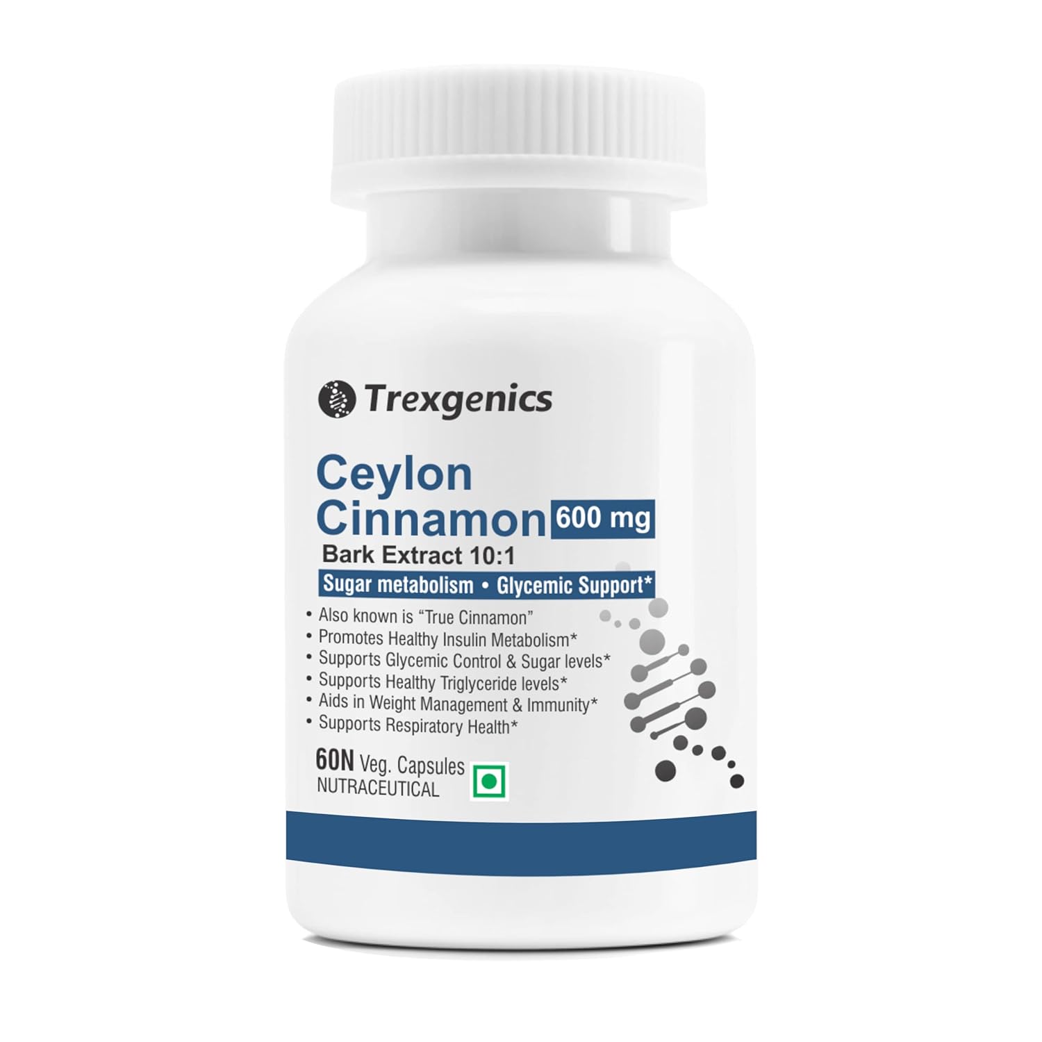 Trexgenics Ceylon Cinnamon supplement bottle on a white background