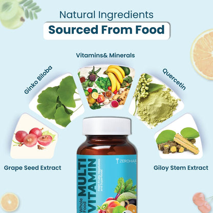 ZEROHARM Multivitamin Tablets for Men | Whole Food Multivitamin with Essential Vitamins A, B, C, D, E & Iron, Zinc, Magnesium | Daily Supplements for Immunity & Energy Support | 60 Veg Tablets