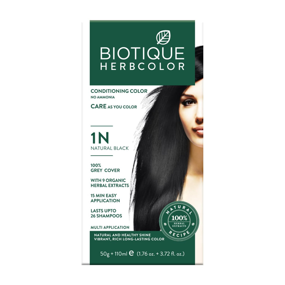 Biotique Herbcolor hair color packaging with a woman's face on a white background