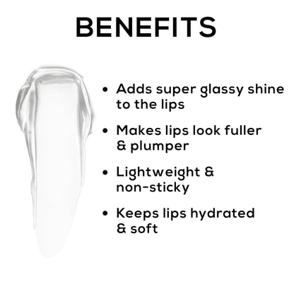 Lip gloss with benefits listed on a white background
