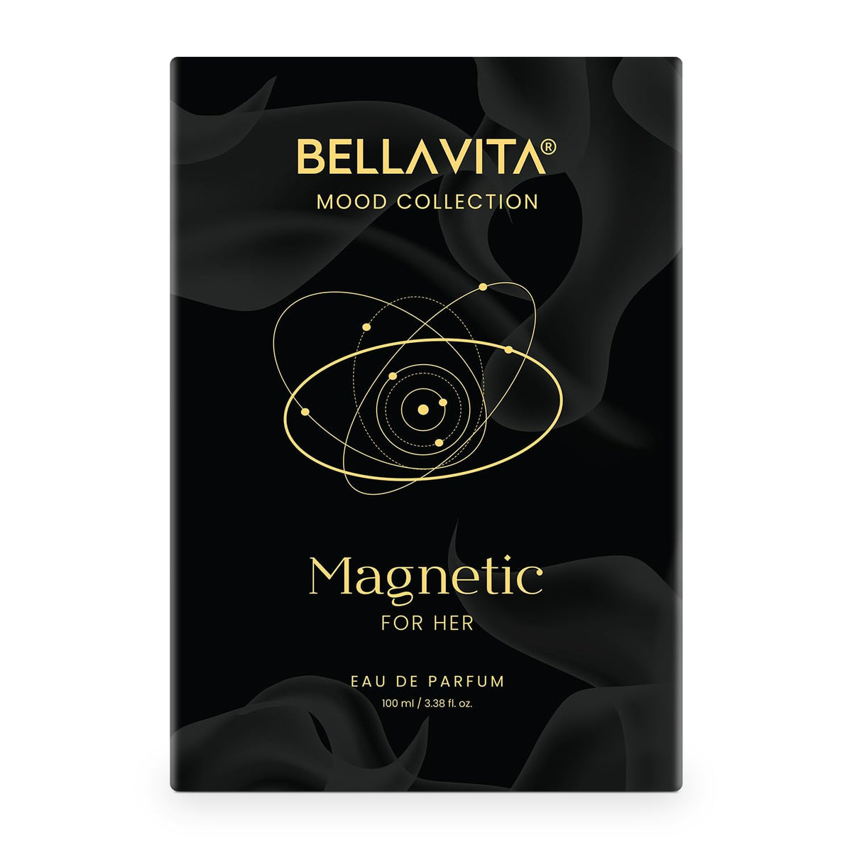 Bellavita Mood Collection Magnetic for Her eau de parfum packaging on a black background