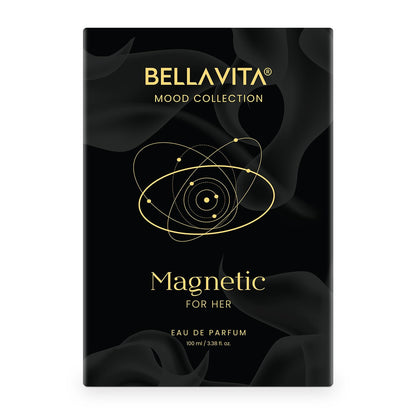 Bellavita Mood Collection Magnetic for Her eau de parfum packaging on a black background