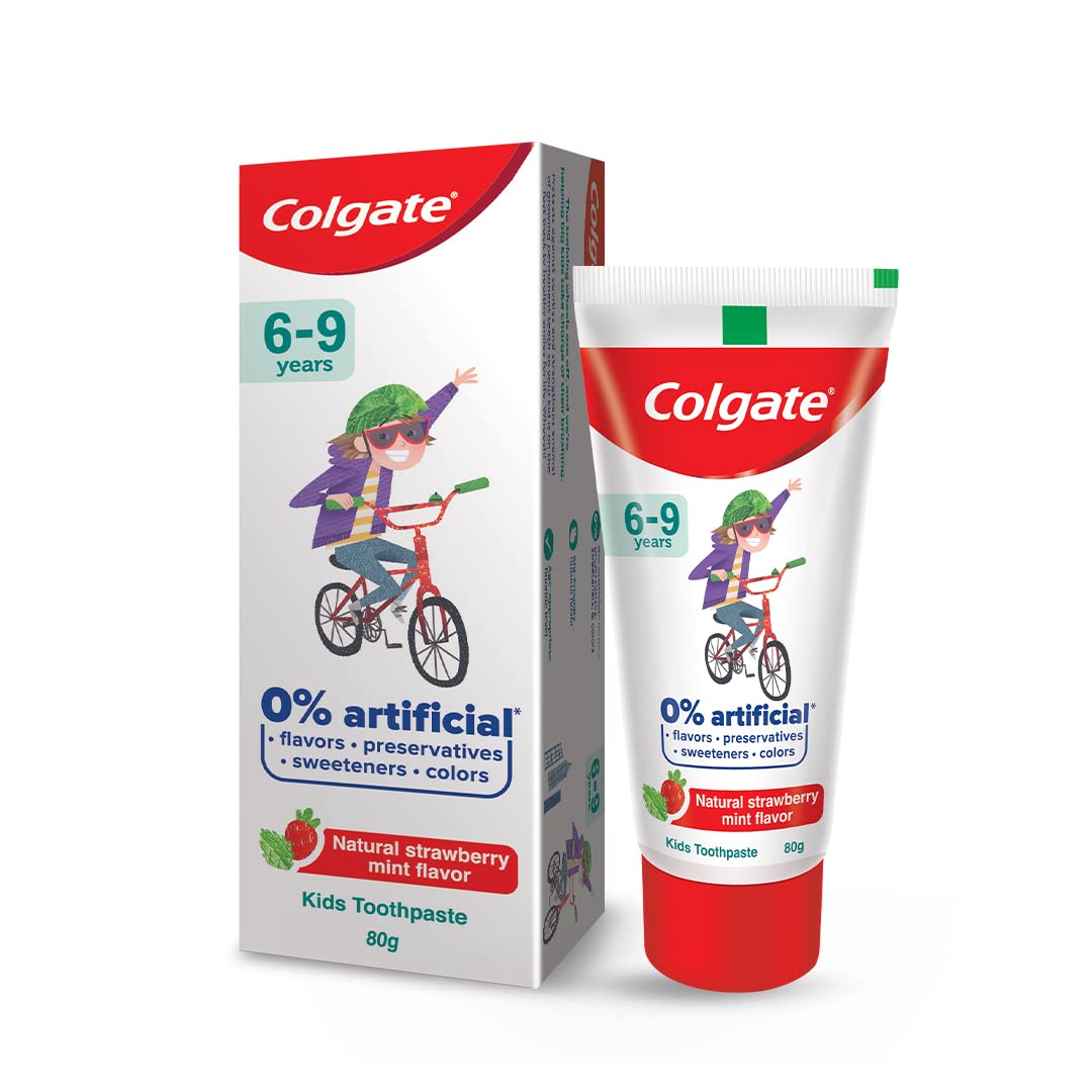 Colgate Kids Toothpaste with 0% Artificial Preservatives, Colours, Sweeteners for Whitening (6-9 Years, Natural Strawberry Mint Flavour - 80g Tube)