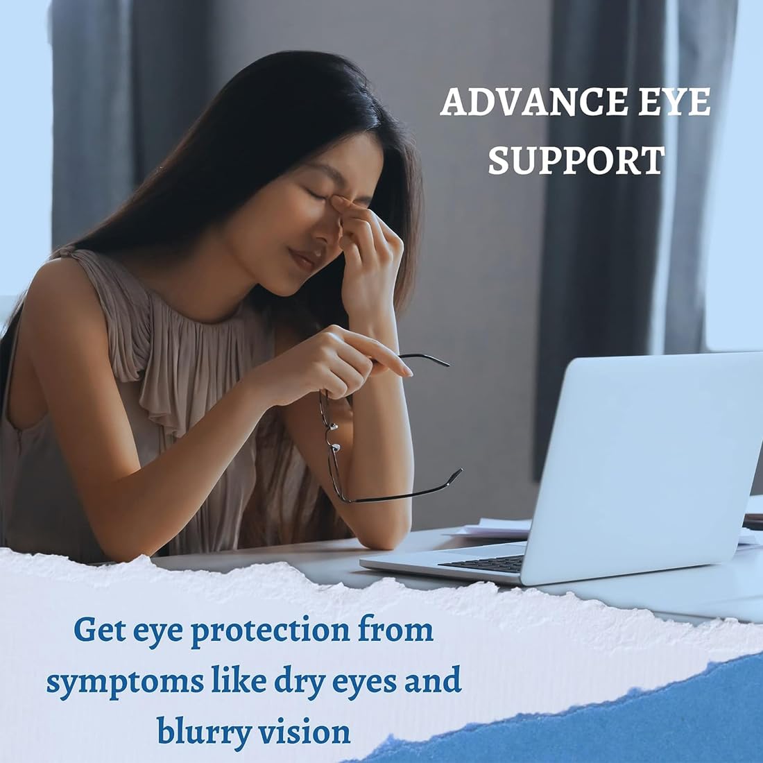 Woman with eyestrain at a laptop with text about eye support.