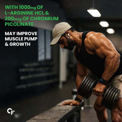 Muscular man lifting weights in a gym with text about supplement benefits.