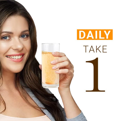 Woman holding a glass of orange juice with 'DAILY TAKE 1' text on a white background